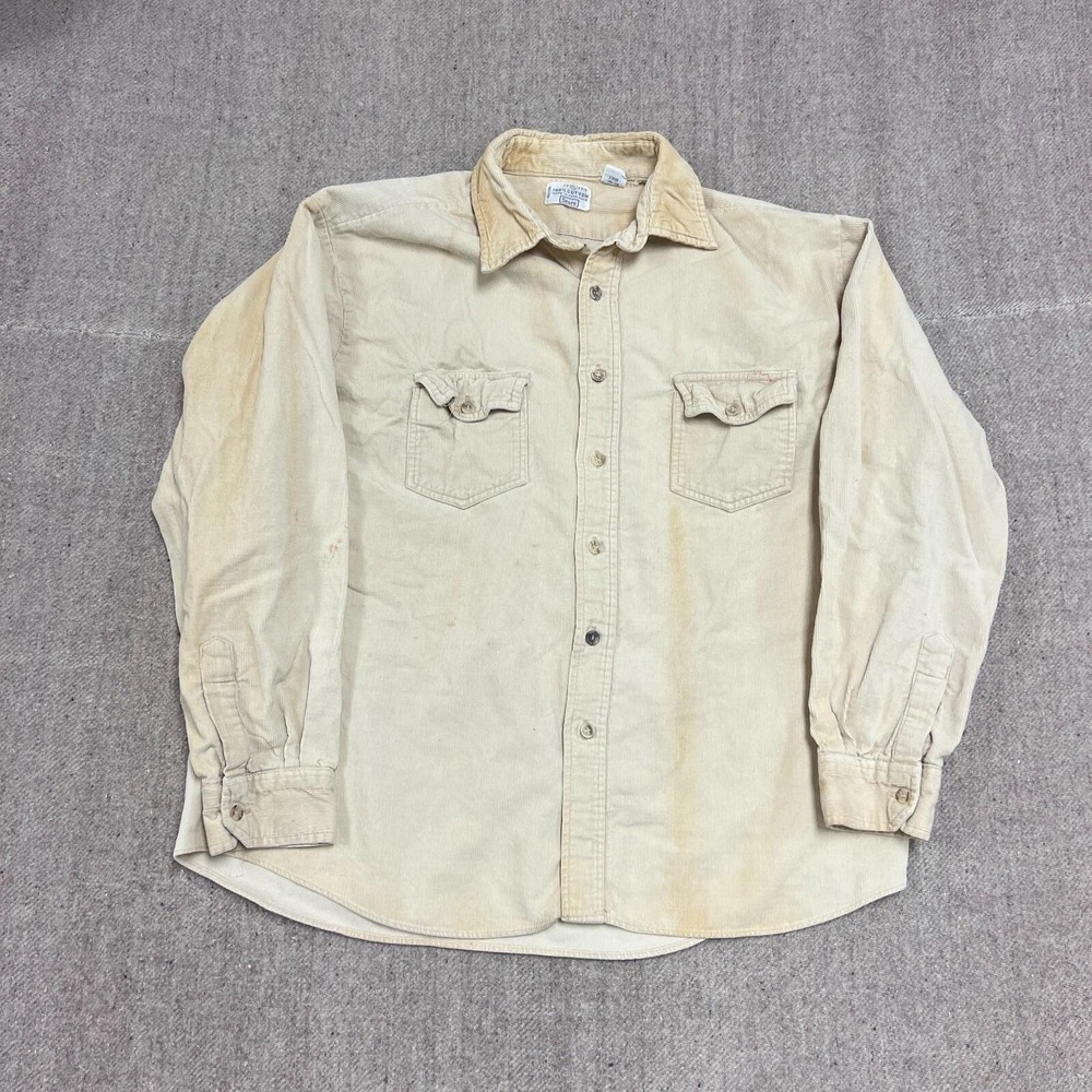 Vintage Sears Corduroy Shirt Mens XL Beige 1970s Western Button Up Long‎ Sleeve